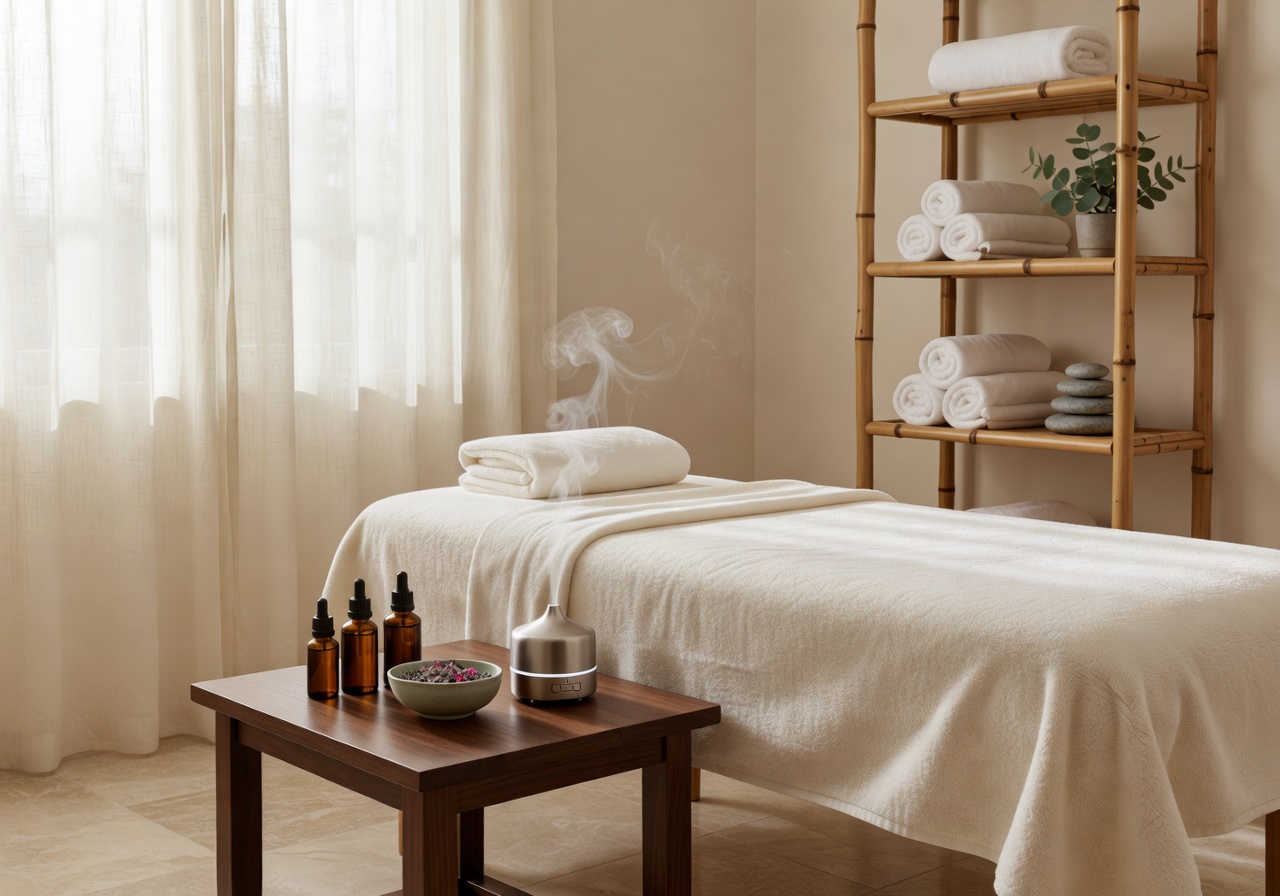 Relaxing spa treatment room with essential oils